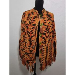 Vtg Womens Hand Made Crochet Poncho Cardigan 70s Hippie Retro Button Up
